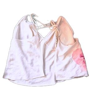 Elegant Fliral White Pink Satin Victoria’s Secret Women's Camisole & Shorts Set.